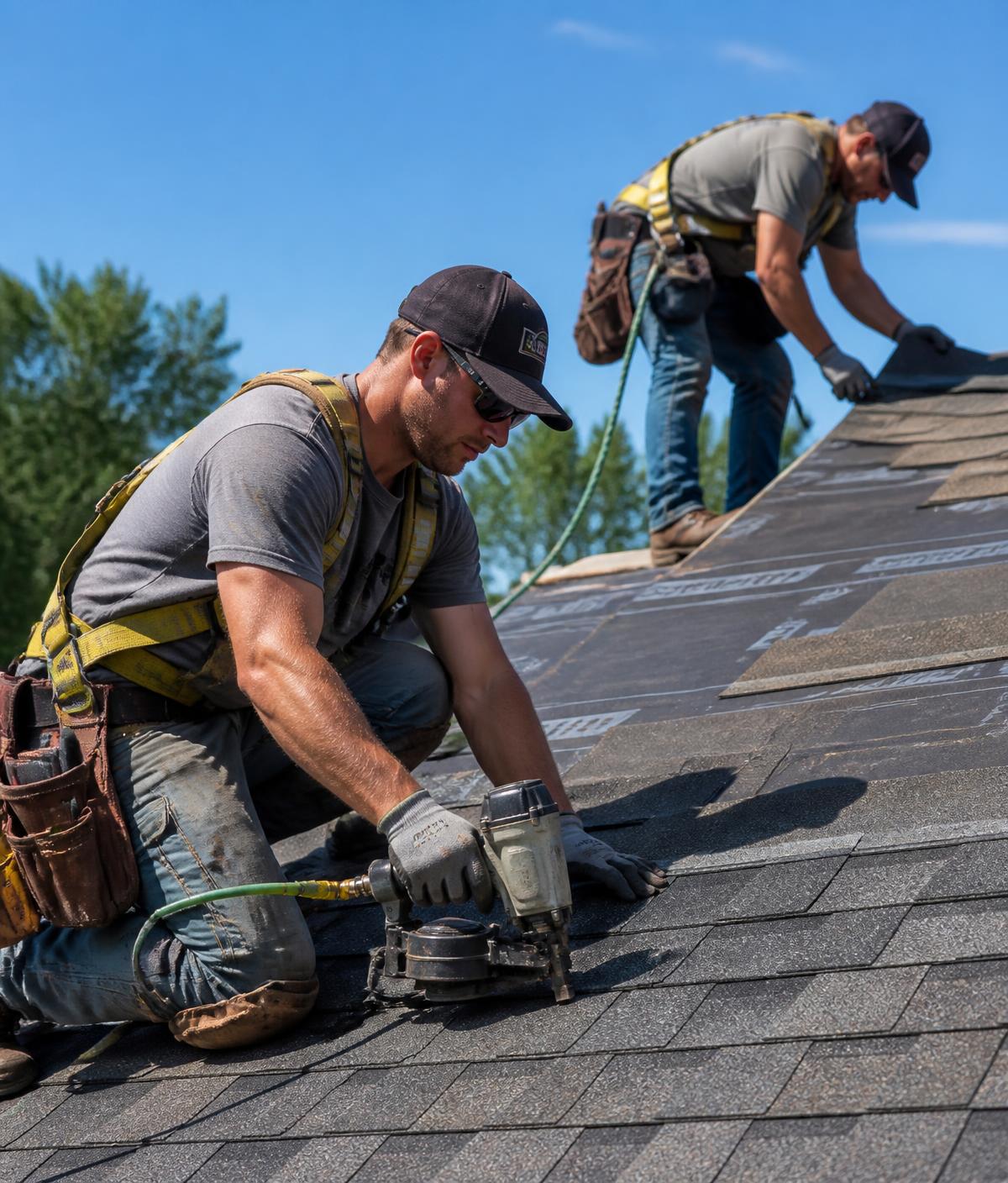 Professional roofers installing shingles